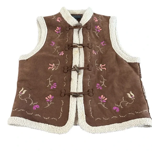 Relativity Womens Large Pre-Owned Faux Suede Brown Embroidered Sherpa Lined Vest - Picture 10 of 17